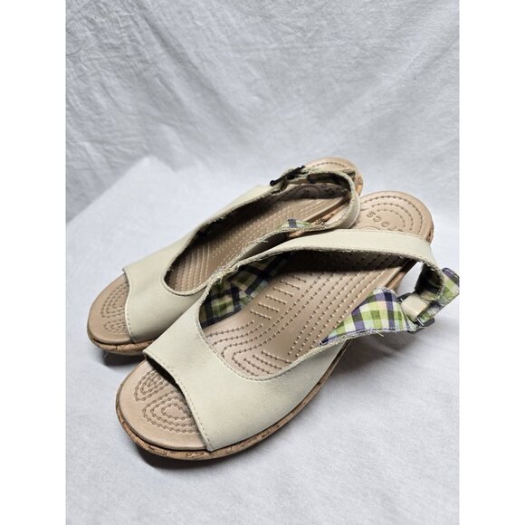 CROCS A-Leigh Beige Cork Wedge Sling Back Sandals Womens Size 7 - Picture 11 of 11